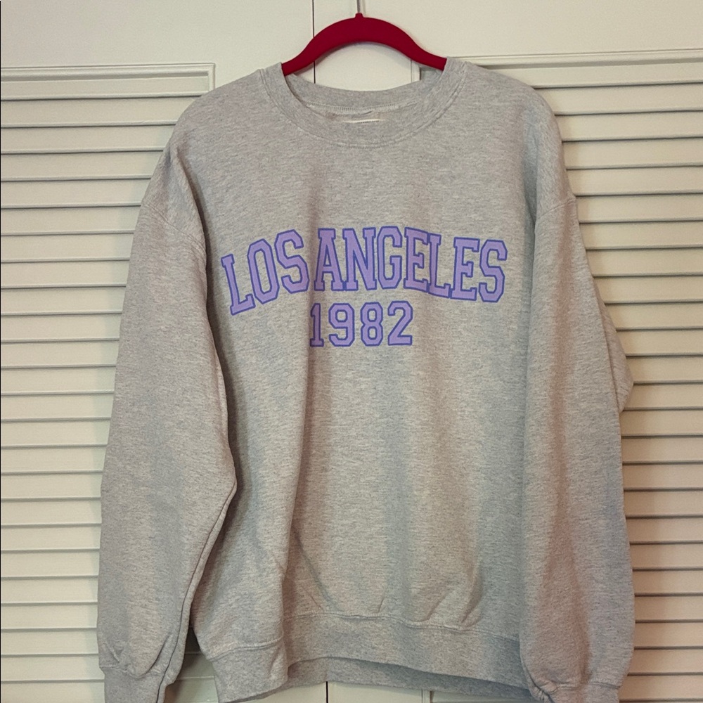 Anthropologie Gray Crewneck Sweater with Purple Print